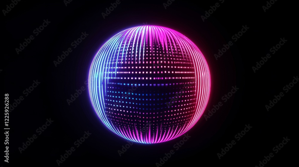 Poster abstract 3d spheres of neon dots and stripes. hi-tech orb hud design element. global network connect