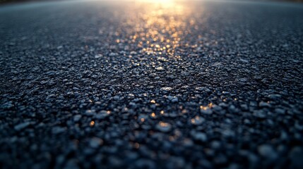Asphalt road texture with golden sunrise reflections