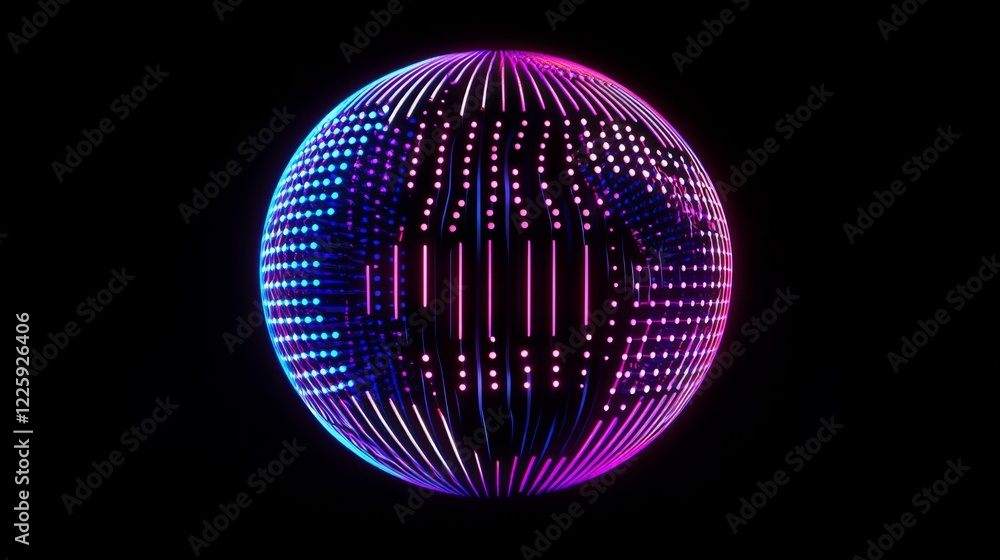 Poster abstract 3d spheres of neon dots and stripes. hi-tech orb hud design element. global network connect