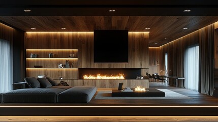 Modern Luxury Living Room Design with Fireplace and Wooden Walls