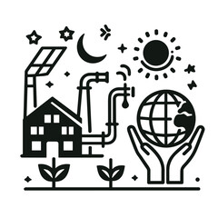 Fototapeta premium Hands holding the globe with a sustainable house and solar energy source symbolizing ecology and environmental responsibility with copy space
