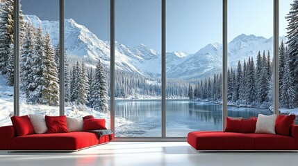 Breathtaking Winter Mountain Lake View from Modern Living Room