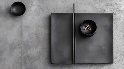Minimalist Black Table Setting with Chopsticks and Bowls on Grey Texture