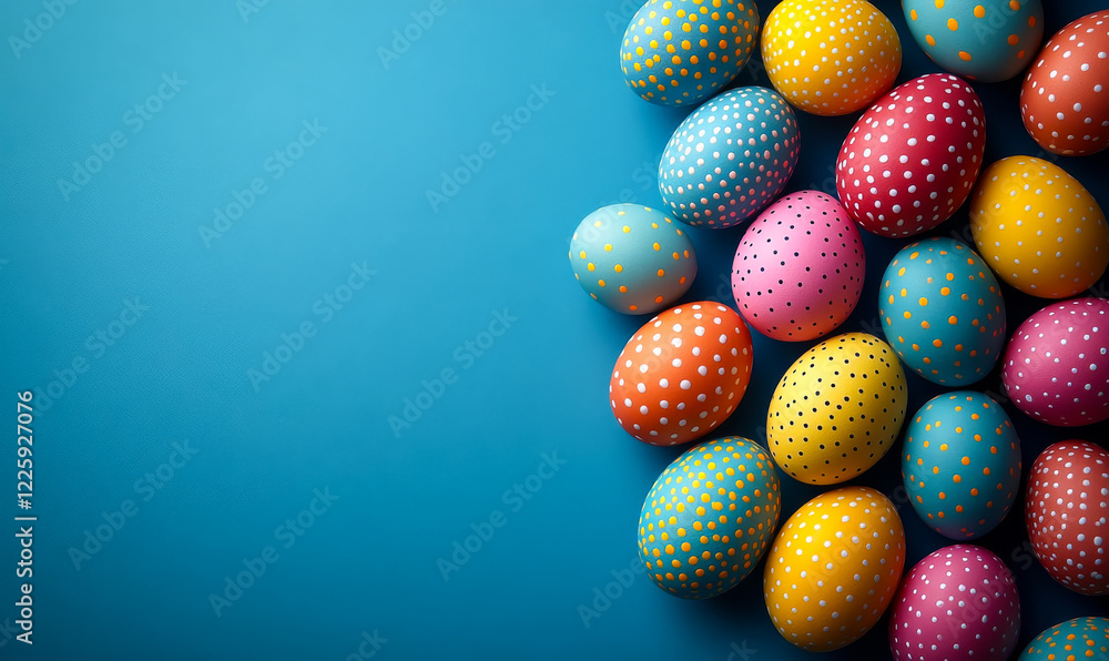 Aufkleber a blue background with a bunch of colorful eggs with polka dots on them. the eggs are in various col