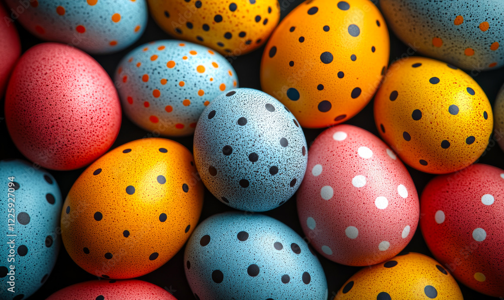 Poster a bunch of painted eggs with polka dots and stripes. the eggs are in various colors and sizes, and t