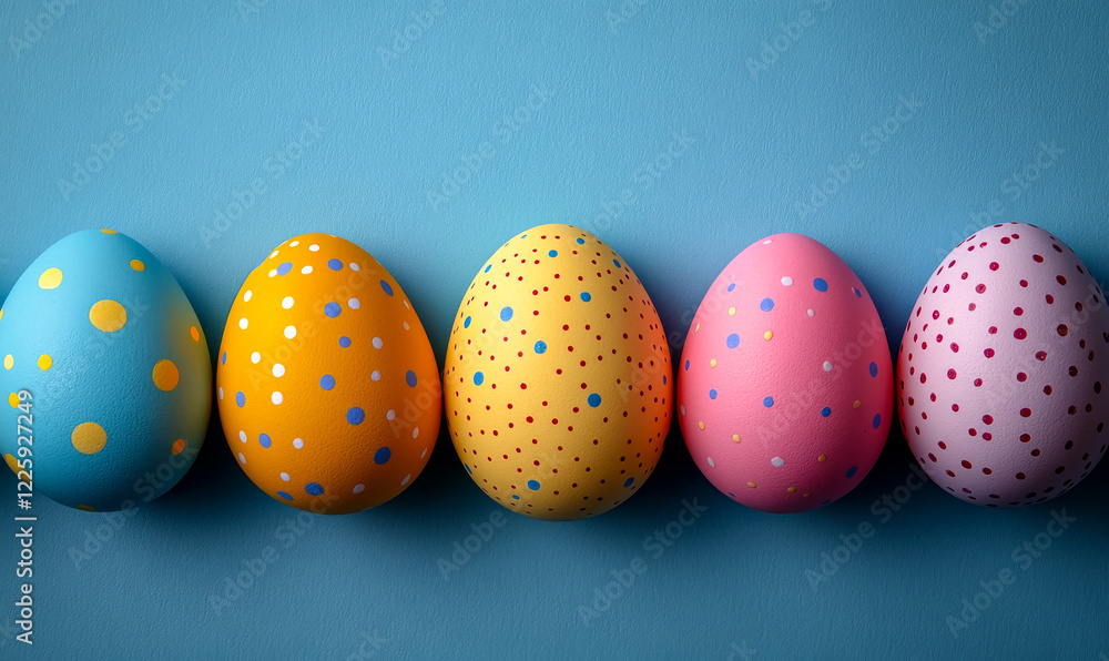 Poster a row of painted eggs with polka dots and stripes. the eggs are in different colors and sizes