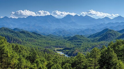 Fototapeta premium Mountain range vista, forest, river valley, clear sky, travel poster