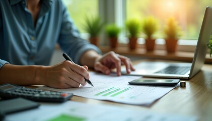 Person calculating carbon footprint for green construction project. Closeup view of civil engineer analyzing data on papers, laptop. Project eco analysis, cost optimization. Sustainable development