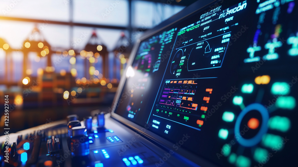 Poster logistic ship port control panel with digital interfaces and dials
