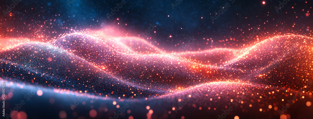 Poster a colorful and vibrant background with a lot of glittery particles. the particles are a mix of red a