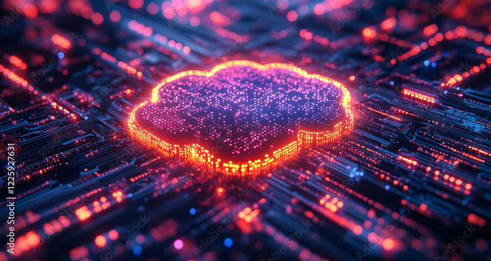Aufkleber a computer chip with a glowing cloud on it. the image has a futuristic and technological feel to it
