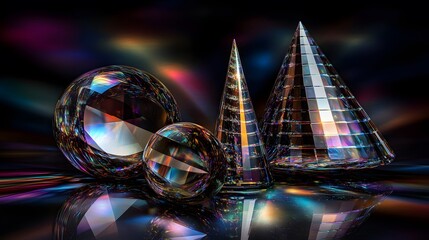 Iridescent Glass Spheres and Cones Abstract 3D Render