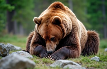 Obraz premium Brown bear sits on grass in forest. Looking for food. Big animal with powerful paws, claws. Close up view of animal face, fur. Autumn forest background. Wildlife photo shows bear after hibernation.