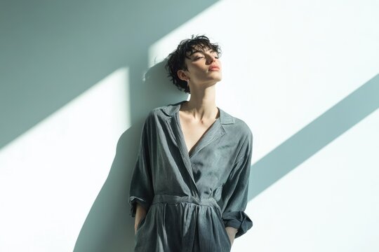 A woman with short hair poses against a white wall, bathed in sunlight, wearing a striped jumpsuit.