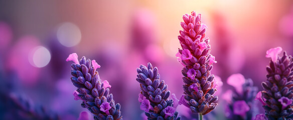 Fototapeta premium A beautiful bouquet of purple flowers with a blue background. The flowers are in full bloom and their vibrant color contrasts with the blue sky. The scene is serene and peaceful
