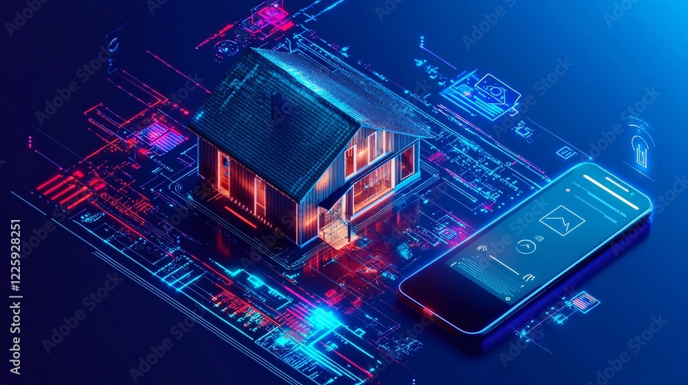 Poster Smart home automation system controlling modern house temperature via smartphone app