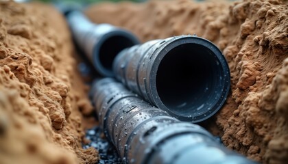 Close-up view of pipe lining process. Dark gray pipes positioned in trench. Adhesive layer bonding to pipe walls. Industrial scene shows details of expert process. Quality installation for