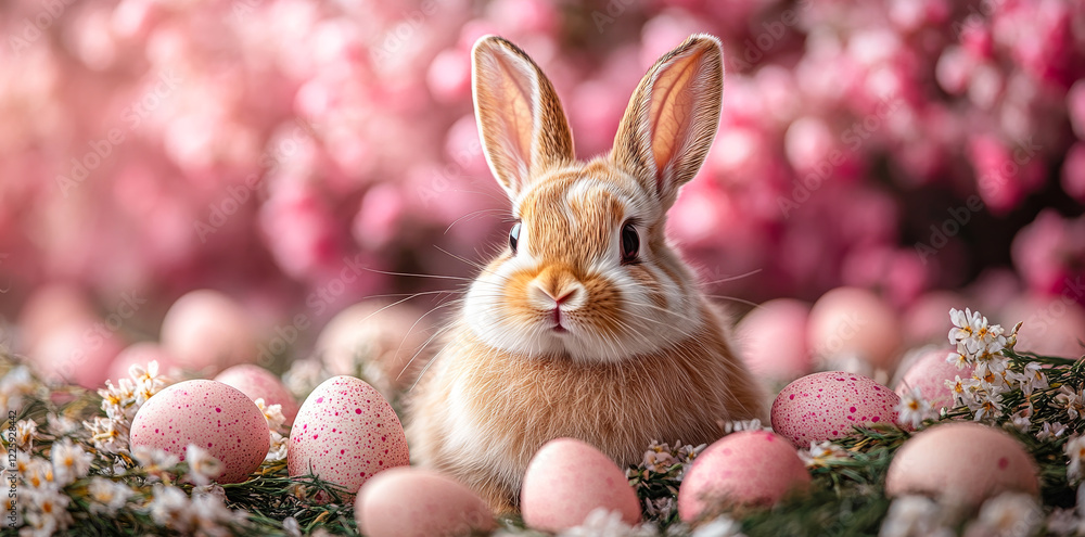 Poster a rabbit is sitting on a bed of pink eggs. the rabbit is looking at the camera with a curious expres