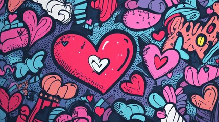 Fototapeta premium Happy Hearts Graffiti Valentine's Day Pattern