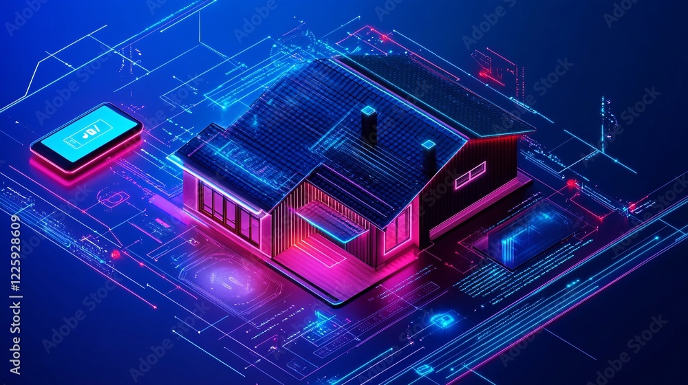 Poster smart home controlled by smartphone app showing energy consumption data
