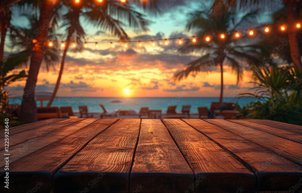 Poster a wooden table with a view of the ocean and palm trees. the table is empty and the scene is set at s