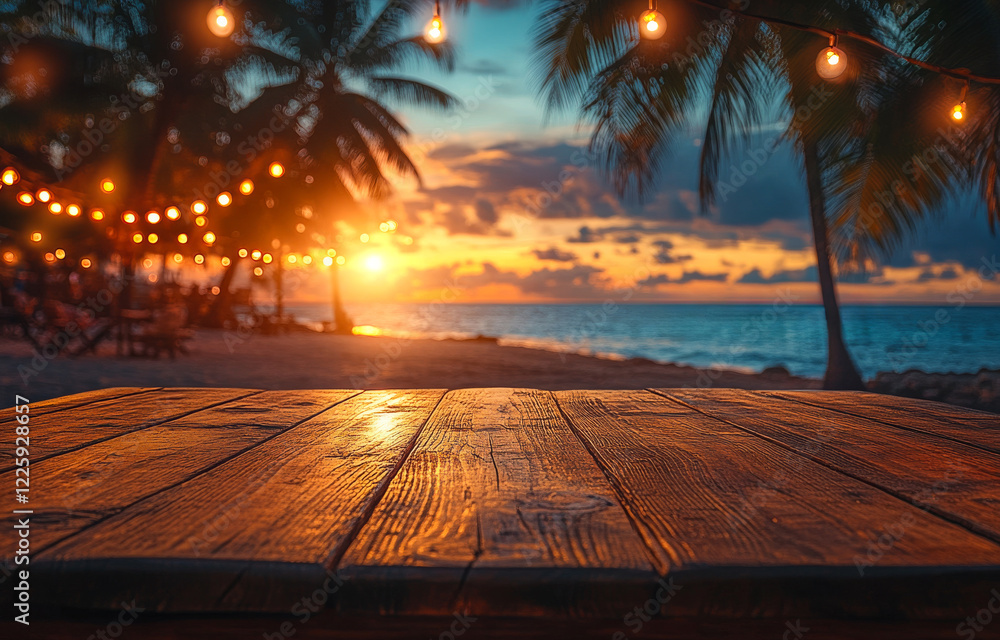 Poster a wooden table with lights on it is set up by the ocean. the lights are arranged in a way that they 