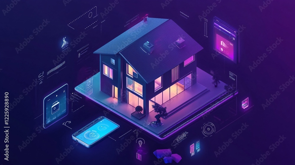 Poster Modern smart home controlled by mobile phone app showing internet of things features