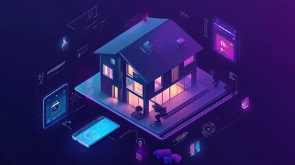 Modern smart home controlled by mobile phone app showing internet of things features
