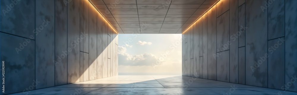 Poster empty modern architecture exterior with concrete floor, panel walls. sunlight shines through open sp