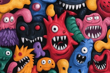 Obraz premium An abstract cute pattern with colorful cartoon monsters. Generative AI