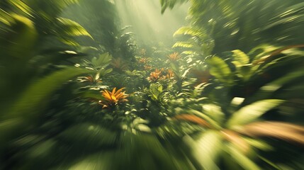 Lush Tropical Jungle Zoom Burst, Vibrant Green Foliage and Orange Flowers