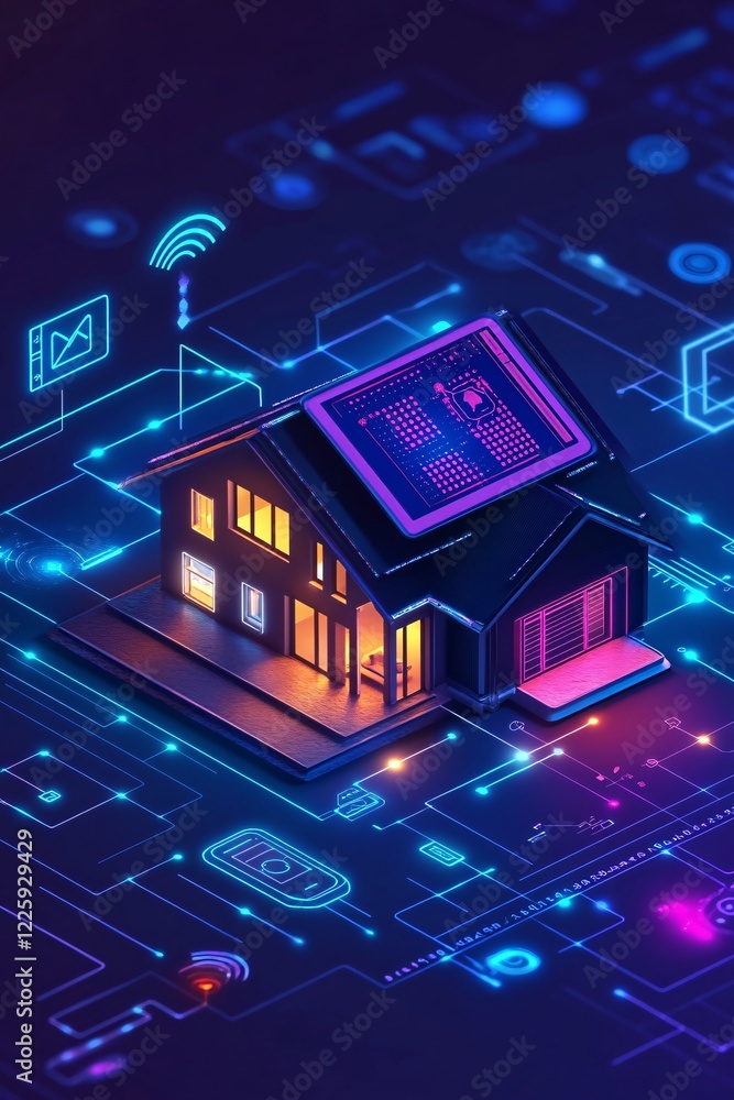 Poster Modern smart home showing domotics using wireless network and mobile apps