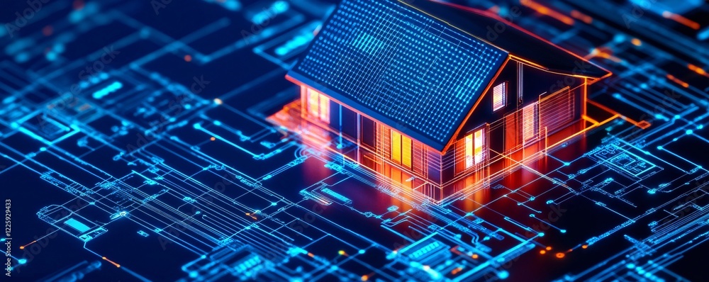 Poster glowing house model sitting on top of circuit board showing concept of smart home technology