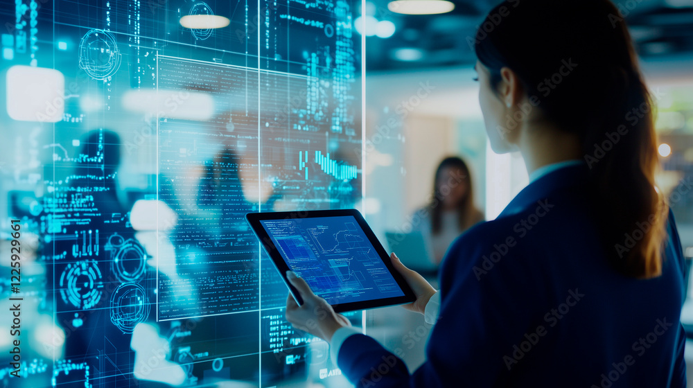 Poster female coder collaborating in modern co working space