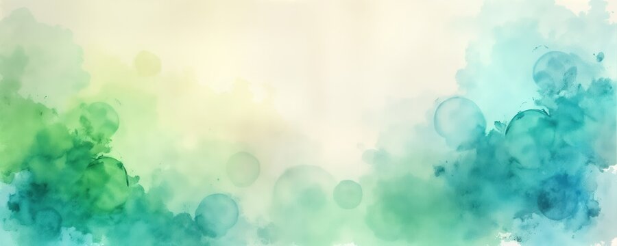 Abstract watercolor illustration with muted tones of blue, green. Delicate washes, splashes create soft, tranquil effect. Ideal for backgrounds, designs require vintage aesthetic. Pastel colors blend