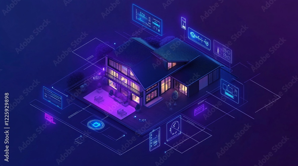 Poster smart home automation system controlling modern house temperature lighting and security
