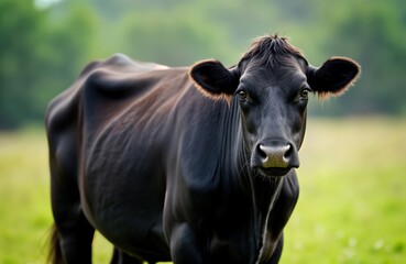 Black cow stands in green pasture. Closeup portrait of animal. Cow looks directly at camera. Sustainable agriculture. Farm animal in nature. Healthy livestock. Organic farming. Grazing in meadow.