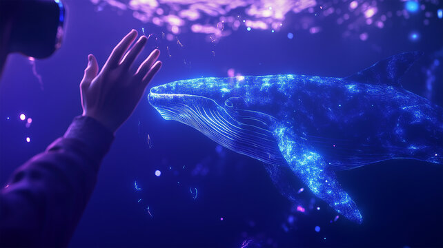 メタバース環境でクジラと触れ合うゴーグル装着者の未来的な感動体験