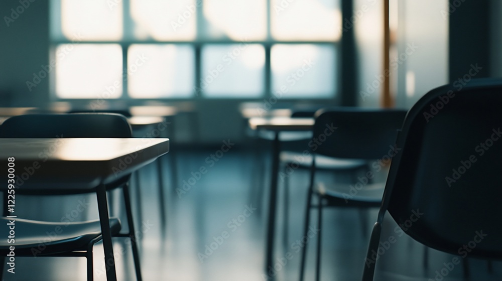 Poster empty classroom with rows of desks and chairs in soft sunlight