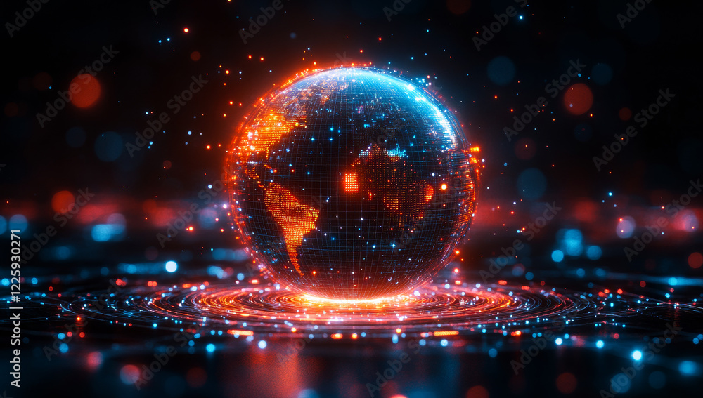 Poster a glowing sphere with a globe on top of it. the sphere is surrounded by a blue and red glow