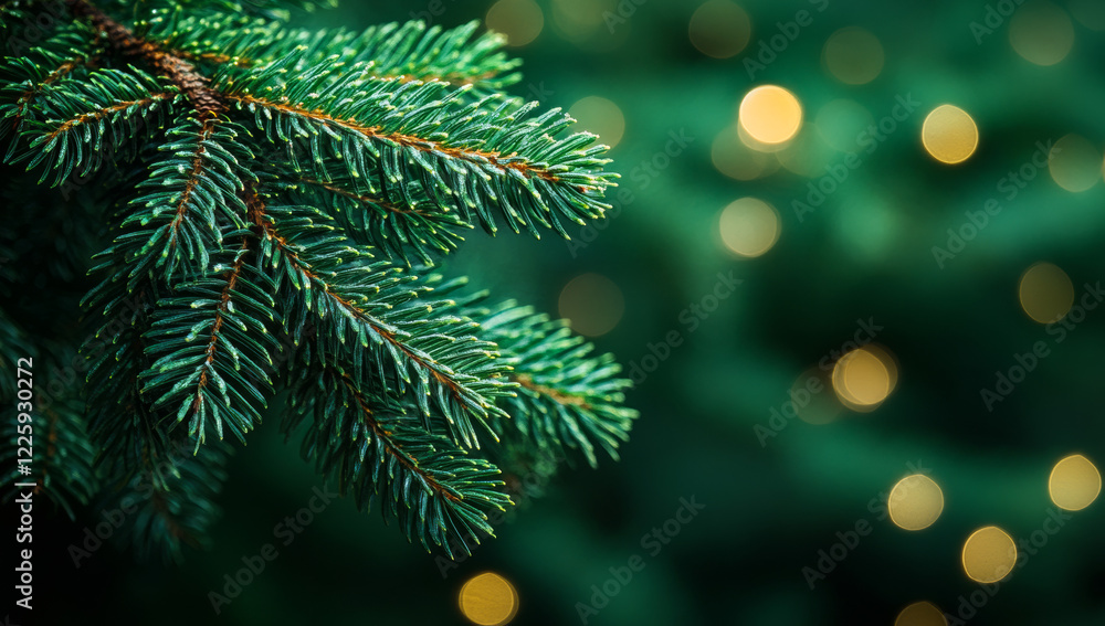 Poster a green tree branch with a few leaves and a few lights in the background. the lights are blurry and 