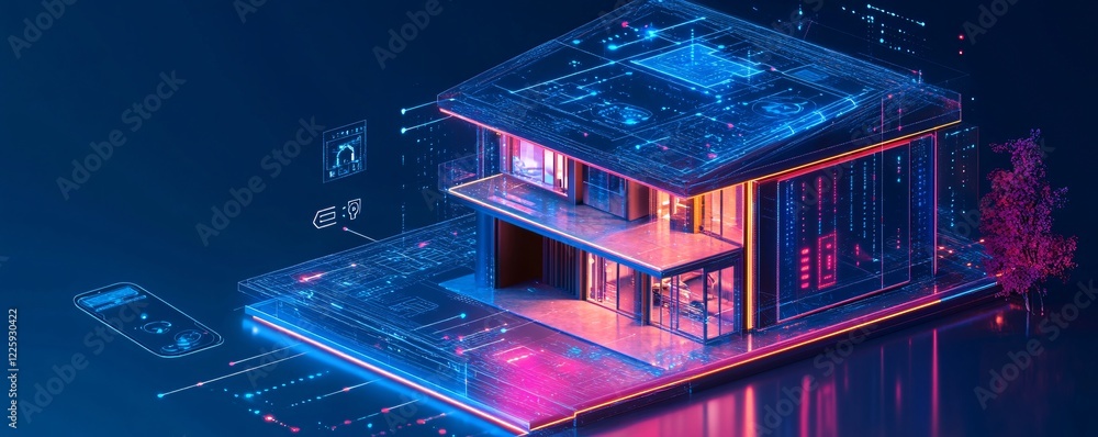 Poster smart home automation system controlling modern house temperature lighting security appliances