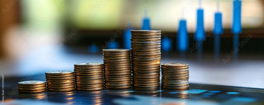 Poster Stacks of coins forming upward trend with financial chart in background
