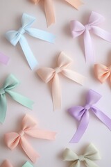 Beautiful colorful bows on simple beige background. Colorful bows with copy space in a professional pattern.