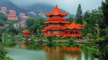 Fototapeta premium Serene Reflection: A Vivid Orange Chinese Pavilion by a Calm Lake