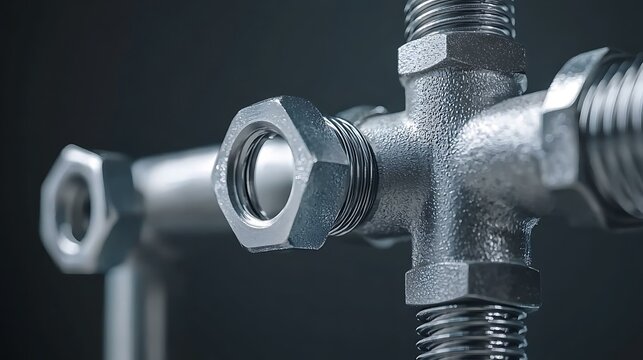 Heavy-duty hydraulic fittings and adapters isolated on a black background, photorealistic, ultra-sharp focus, clear details, studio lighting, natural colors, realistic lighting