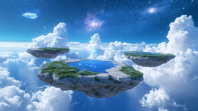 A surreal landscape of floating islands covered in lush green grass, connected by stone bridges under a starry twilight sky. Generative AI