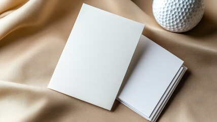 Blank cards on fabric with golf ball
