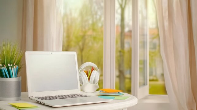 Home Office Workspace by the Window: A bright and airy home office setup features a laptop, headphones, stationery, and a plant.