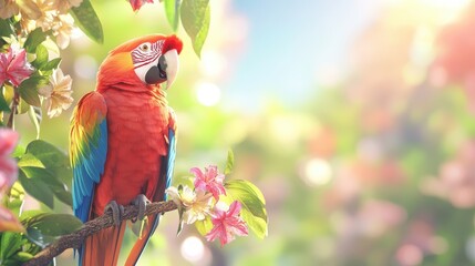 Scarlet Macaw in Bloom: A vibrant scarlet macaw perches gracefully on a branch, its bright plumage contrasting beautifully with the soft pink flowers and lush green foliage of the tropical garden.